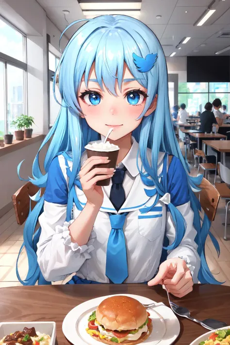 Highly detailed, High Quality, Masterpiece, beautiful, Twitter-chan, hair ornament, white shirt, black long-sleeve shirt, layered sleeves, necktie, blue skirt, black thighhighs, <lora:Char_Meme_Twitterchan:0.6>, food, simple background, elbows on table, cup, blurry background, indoors, upper body, <lora:Pos_AcrossTable:1>