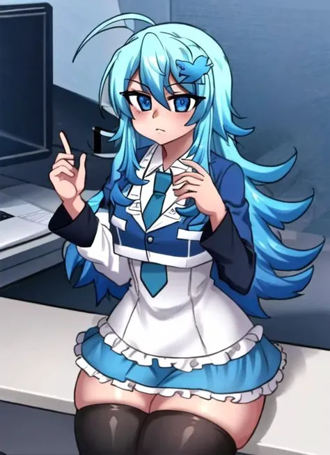 ((best quality)), ((highly detailed)), masterpiece, detailed face, beautiful face, (detailed eyes, deep eyes), (1girl), cowboy shot, <lora:twitterchan-v1:.9>, twitter-chan, long hair, blue hair, hair ornament, blue eyes, white shirt, black long-sleeve shirt, layered sleeves, necktie, blue skirt, black thighhighs, inside, in an office, desk, computer, office chair, <lora:Osiimi:1>