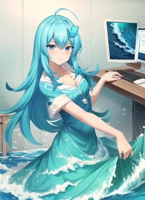 ((best quality)), ((highly detailed)), masterpiece, extremely detailed face, beautiful face, (detailed eyes, deep eyes), (1girl), full body, <lora:twitterchan-v1:.8>, twitter-chan, long hair, blue hair, hair ornament, blue eyes<lora:LiquidClothesV1fixed:1>, liquid clothes, waves, sea, water, blue dress, water dress, sea foam, liquid hair, sleeves, inside, in an office, desk, computer, office chair