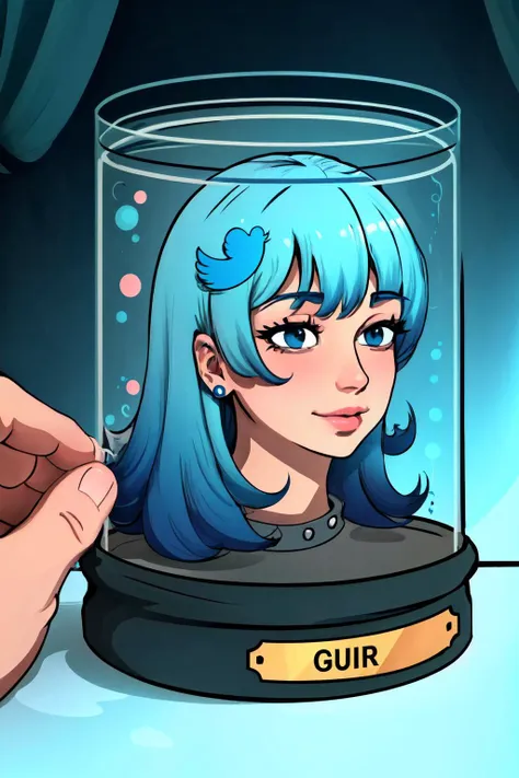 Highly detailed, High Quality, Masterpiece, beautiful, Twitter-chan, hair ornament, <lora:Char_Meme_Twitterchan:0.8>, Head in Jar, jar, head only, <lora:Pos_HeadinJar:0.9>