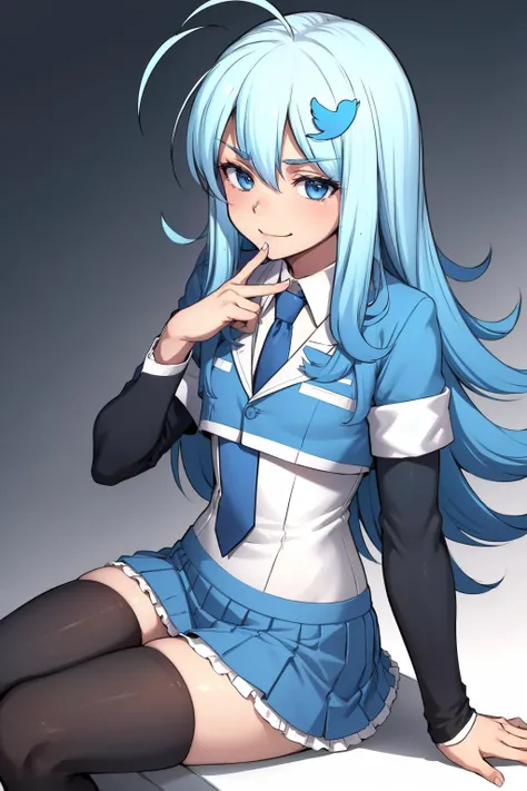 masterpiece, best quality, twitter-chan, hair ornament, white shirt, black long-sleeve shirt, layered sleeves, necktie, blue skirt, black thighhighs, upper body, sitting, smug, looking at viewer <lora:twitterchan-nvwls-v1:0.9>