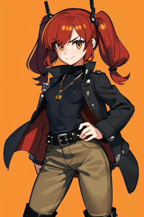 masterpiece, best quality,
solo,
close-up, cowboy shot,
facing viewer,
soft smile, light smile,
<lora:lrfactory-MamiDraws-v2:1>, , 1girl, red hair, swept bangs, parted bangs, medium hair, low twintails, orange eyes, amber eyes, small breasts, tsurime,, , coat, shirt, pants, studded belt, multiple belts, combat boots, torn clothes, chain necklace,