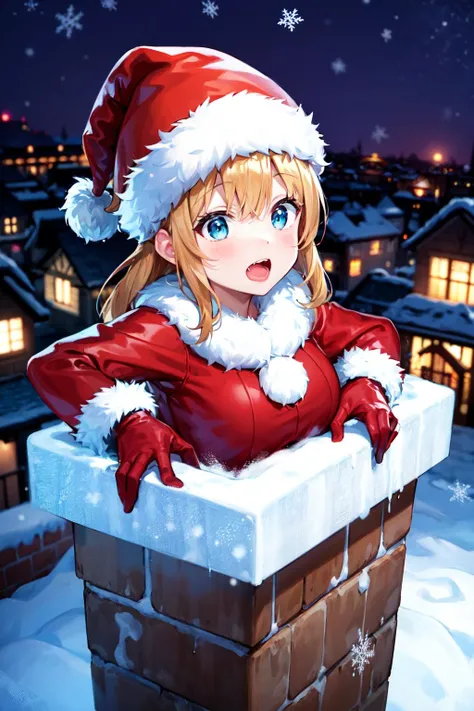 1girl, santa girl, stuck in chimney, rooftop, snow, solo, closed eyes, struggling, clenched teeth, closed mouth, sack, pushing, <lora:StuckV10:1>, , highres, absurdres,