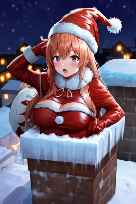 1girl, santa girl, stuck in chimney, rooftop, snow, solo, breasts, <lora:StuckV10:1>, , highres, absurdres,