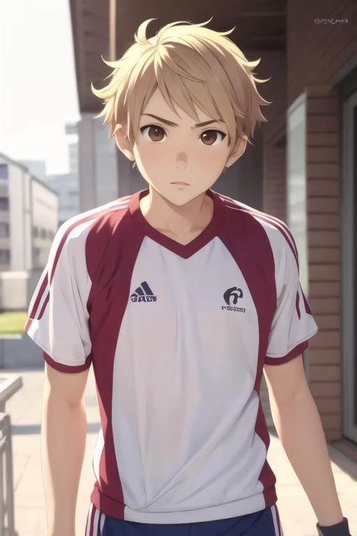 masterpiece, best quality, high quality, 1boy, solo, male focus, looking at viewer, upper body, <lora:akihito_kanbara:0.68>, akihito_kanbara, blonde hair, brown eyes, , sportswear