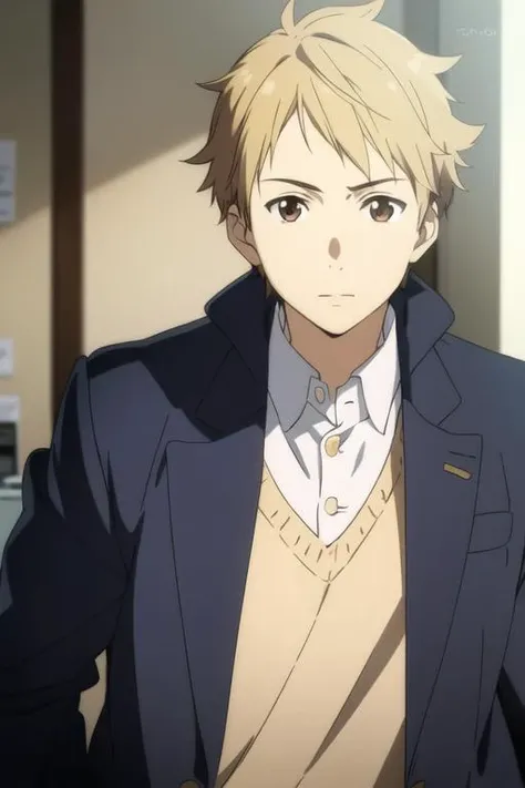 masterpiece, best quality, high quality, 1boy, solo, male focus, looking at viewer, upper body, <lora:akihito_kanbara:0.64>, akihito_kanbara, blonde hair, brown eyes, realistic, coat