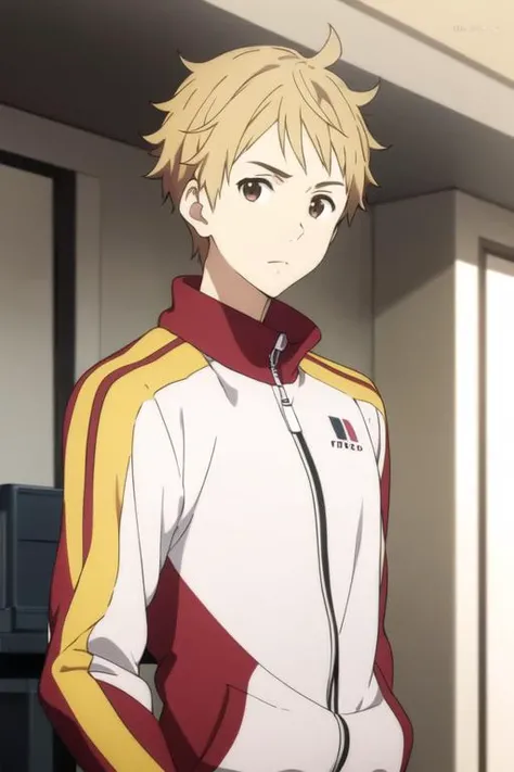 masterpiece, best quality, high quality, 1boy, solo, male focus, looking at viewer, upper body, <lora:akihito_kanbara:0.70>, akihito_kanbara, blonde hair, brown eyes, , track suit