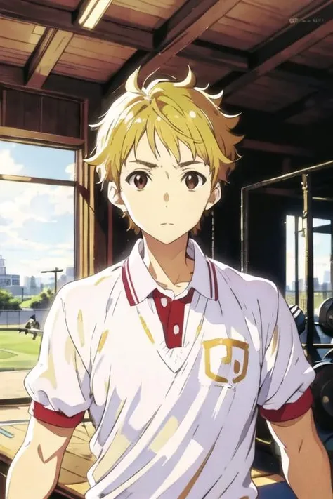 masterpiece, best quality, high quality, 1boy, solo, male focus, looking at viewer, upper body, <lora:akihito_kanbara:0.66>, akihito_kanbara, blonde hair, brown eyes, , gym uniform