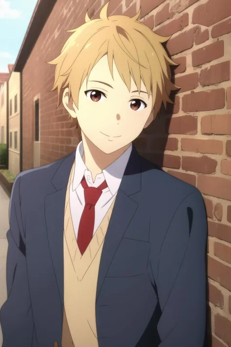 masterpiece, best quality, akihito_kanbara, 1boy, solo, standing, upper body, portrait, against wall, brick wall, blonde hair, brown eyes, light smile, blue jacket, yellow sweater, dress shirt, red necktie,