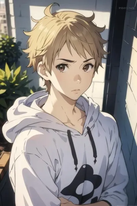 masterpiece, best quality, high quality, 1boy, solo, male focus, looking at viewer, upper body, <lora:akihito_kanbara:0.76>, akihito_kanbara, blonde hair, brown eyes, realistic, hoodie