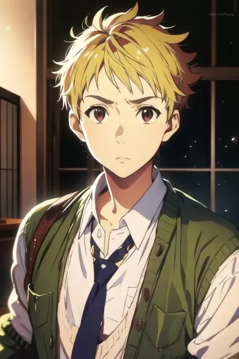 masterpiece, best quality, high quality, 1boy, solo, male focus, looking at viewer, upper body, <lora:akihito_kanbara:0.78>, akihito_kanbara, blonde hair, brown eyes, realistic, jacket