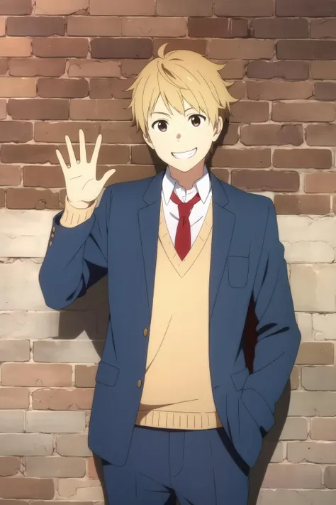 masterpiece, best quality, akihito_kanbara, 1boy, solo, standing, upper body, against wall, brick wall, blonde hair, brown eyes, grin, blue jacket, yellow sweater, dress shirt, red necktie, blue pants, hand in pocket, hand up, waving,