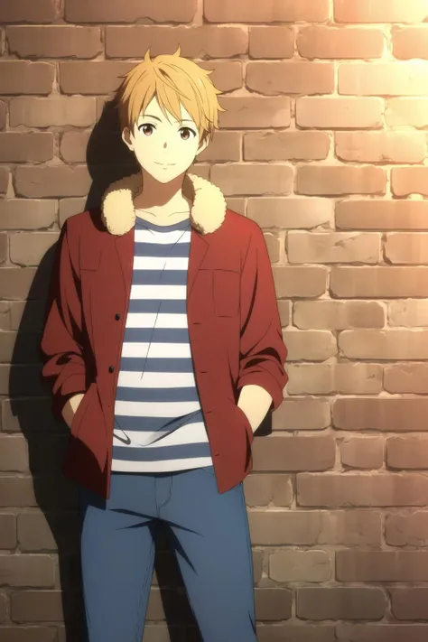 masterpiece, best quality, akihito_kanbara, 1boy, solo, standing, upper body, against wall, brick wall, blonde hair, brown eyes, light smile, (casual), red jacket, fur-trimmed jacket, black striped t-shirt, jeans,