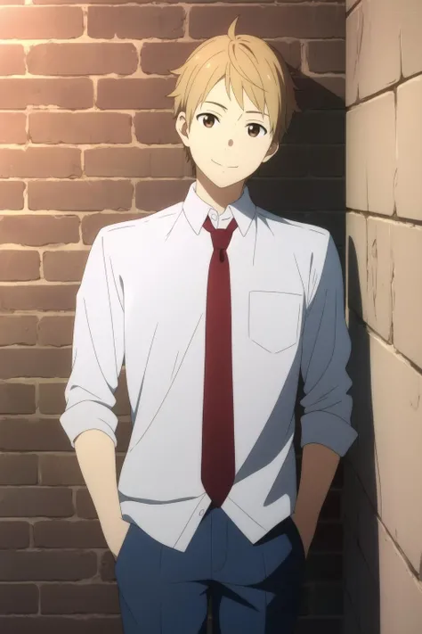 masterpiece, best quality, akihito_kanbara, 1boy, solo, standing, upper body, portrait, against wall, brick wall, blonde hair, brown eyes, light smile, (casual), (untucked shirt), red necktie, blue pants,