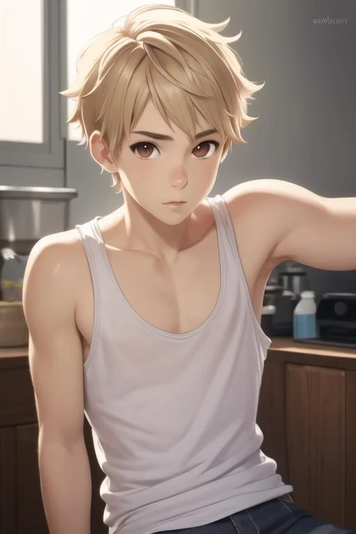 masterpiece, best quality, high quality, 1boy, solo, male focus, looking at viewer, upper body, <lora:akihito_kanbara:0.56>, akihito_kanbara, blonde hair, brown eyes, realistic, tank top