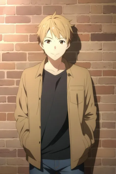 masterpiece, best quality, akihito_kanbara, 1boy, solo, standing, upper body, portrait, against wall, brick wall, blonde hair, brown eyes, light smile, (casual), brown jacket, open jacket, black t-shirt, jeans,