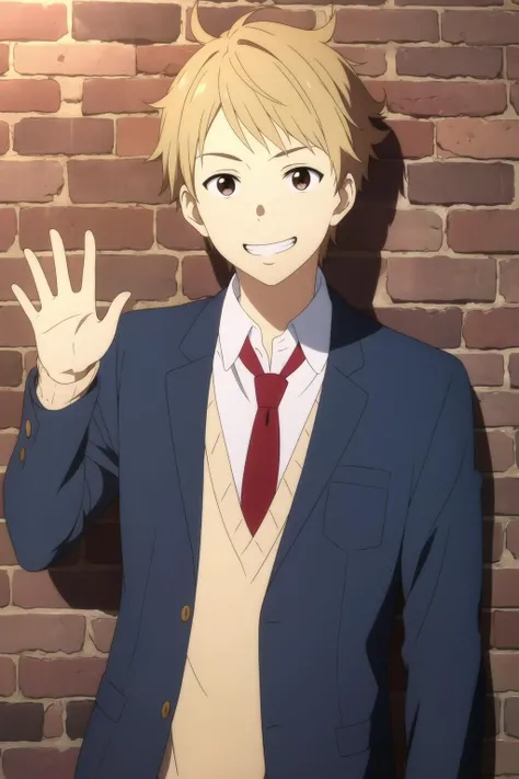 masterpiece, best quality, akihito_kanbara, 1boy, solo, standing, upper body, portrait, against wall, brick wall, blonde hair, brown eyes, grin, blue jacket, yellow sweater, dress shirt, red necktie, hand up, waving,