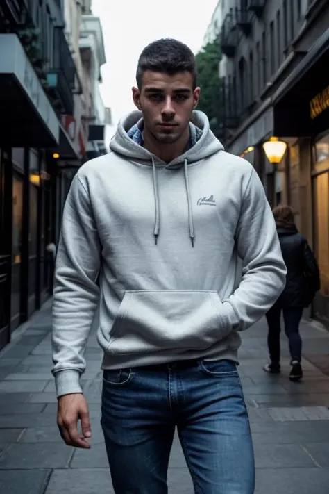 <lora:kkrustew_46350:0.8> kkrustew person, wearing a hoodie and jeans, stubble, walking down the street, cinematic lighting, high resolution, 4k,