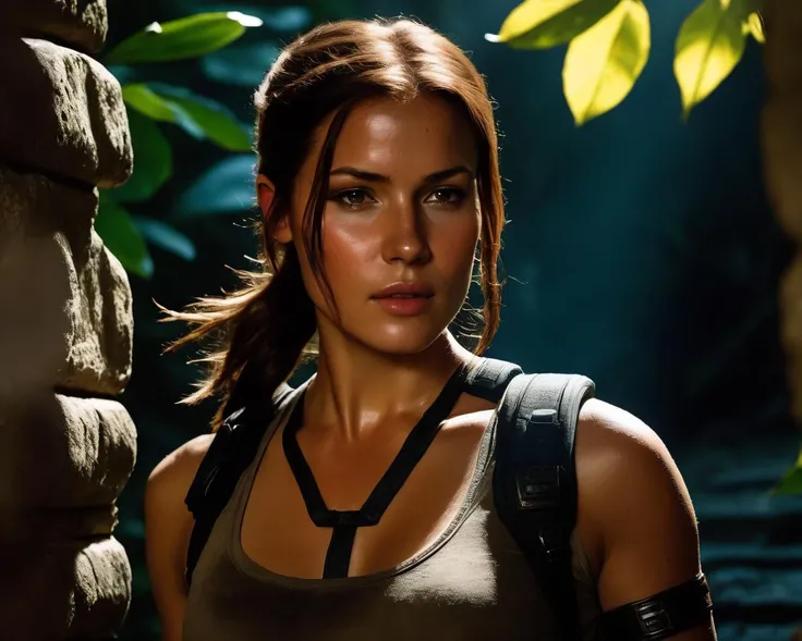 Capture Lara Croft in a luminous photograph that showcases her fearless spirit and undeniable beauty, Bring her to life with intricate details and a realistic portrayal, highlighting her iconic symmetry, Realism, textured skin, super detail, award winning, best quality, 16k, retina