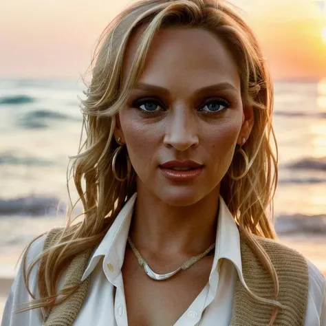 Picture, best quality, a sexy woman in the beach at sunset, photo of beautiful UT<lora:UT:1.0>, casual clothes, sexy, red lips, blonde hair, looking at viewer, perfect face, perfect eyes, small eyes, sharp focus, Intricate, High Detail, dramatic, photorealistic,