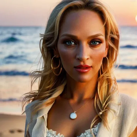 Picture, best quality, a sexy woman in the beach at sunset, photo of beautiful UT<lora:UT:1.0>, casual clothes, sexy, red lips, blonde hair, looking at viewer, perfect face, perfect eyes, small eyes, sharp focus, Intricate, High Detail, dramatic, photorealistic,