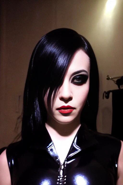 [[GothClub2K]] 1girl, solo, black_hair, latex, looking_at_viewer, makeup, earrings, leather, jewelry, shiny_clothes, lips, black_theme, lipstick in a dark nightclub with fog