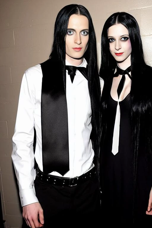 [[GothClub2K]]1boy, 1girl, black_hair, necktie, belt, long_hair, looking_at_viewer