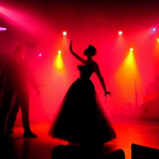 ThsGothClub2K, a woman wearing a dress and corset in a goth club dancing fog lights