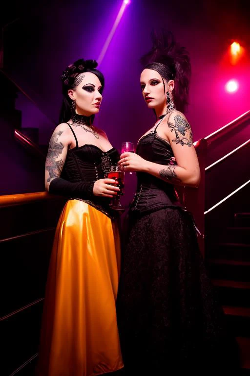 photo of 2girls in a goth club, PVC, ballroom dress, extensive tattoos, drinks, light at the staircase focus on face, InToThe2KGothClub