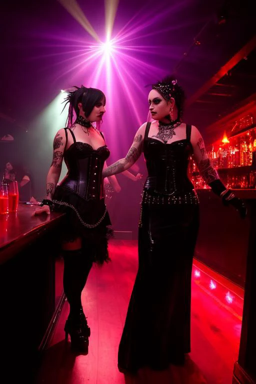 photo of punk 2girls in a goth club, PVC, ballroom dress, tattoos, drinks, light at the bar focus on face, InToThe2KGothClub