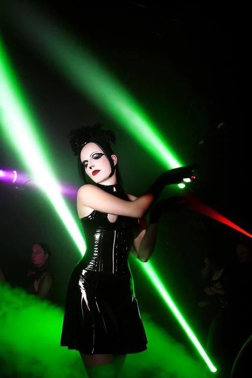 photo of a girl in a goth club latex, lather, dress, light dancing focus on face, InToThe2KGothClub