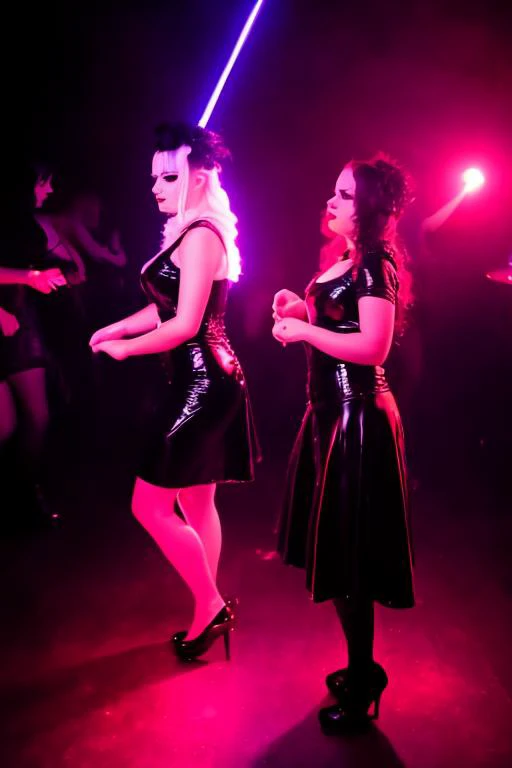 photo of a 2girls in a goth club latex, lather, dress, light dancing focus on face, InToThe2KGothClub