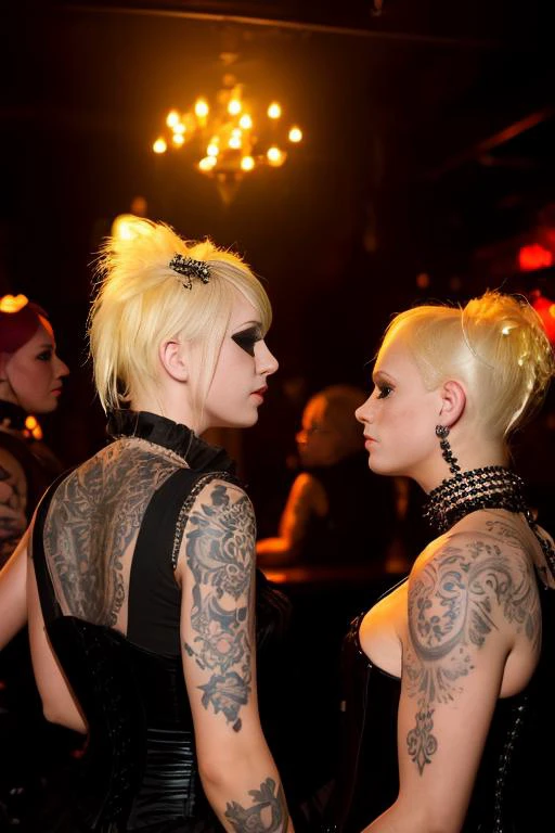 photo of blond punk 2girls in a goth club, lather, ballroom dress, tattoos, light at the bar focus on face, InToThe2KGothClub