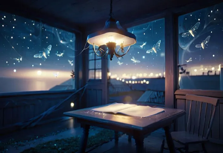 (8k digital nature photography:1.2),dark night veranda of the house, on the table there is a lamp filled with tiny and barely visible luminous moths that, with all their might, are trying to break out, small lights of the souls of moths are circling above the lamp, a fabulous atmosphere, a sad image, <lora:SDXLFaeTastic2400:1>, faetastic, <lora:add-detail-xl:1.4>