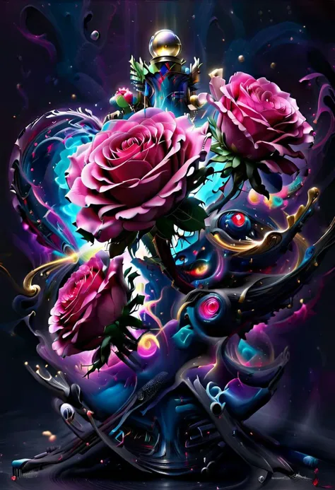 ultra realistic 8k, masterpiece, dark, two luscious heliotrope roses, black background, yellow cracks, (dark black leaves and stem), (blue nebula swirls, cracks), vortex, (((ruby heart in a perfume bottle, 1/3 rule, one third rule)))