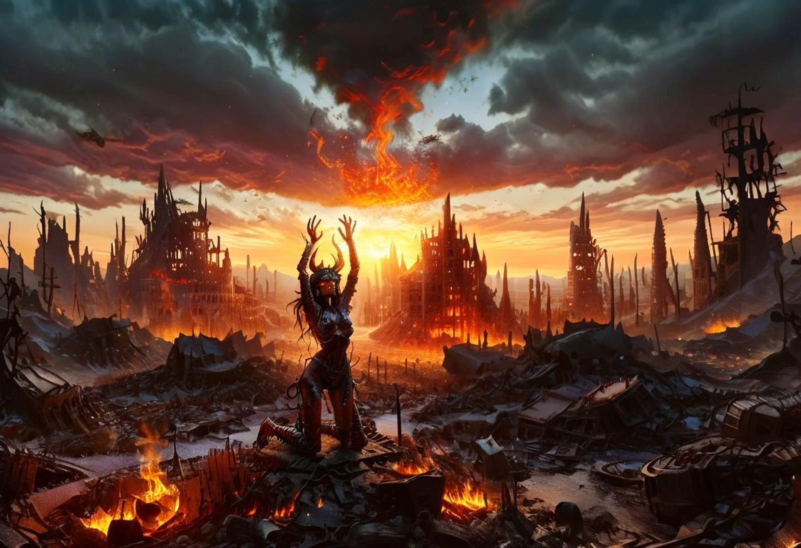 score_9, score_8_up, high quality, fire, 4k, fantasy setting, magic fire,
massive, wide, scorched landscape littered with burned armor and weapons
kneeling in the middle of the wasteland is a, solo, silohuette of a tiny female sorceress with their hands held up to the sky with two concentric horizontal rings of fire above them destroying everything