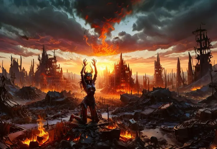 score_9, score_8_up, high quality, fire, 4k, fantasy setting, magic fire, 
massive, wide, scorched landscape littered with burned armor and weapons
kneeling in the middle of the wasteland is a, solo, silohuette of a tiny female sorceress with their hands held up to the sky with two concentric horizontal rings of fire above them destroying everything