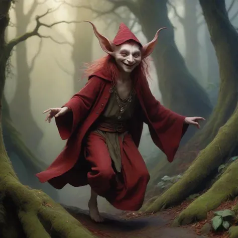 Far Darrig, crimson-clad trickster, mischievous eyes aglow, pointed cap, devilish grin, dancing through shadowed glens, trails of laughter and chaos, atmospheric lighting, cinematic composition, fantasy creature design by Brian Froud and Alan Lee, vibrant colors, ethereal atmosphere, 4k resolution