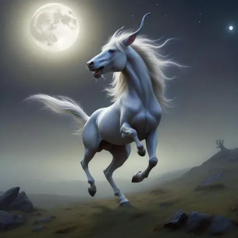 Shapeshifting Pooka creature under the moonlight on misty moors, mysterious, glowing eyes, moonlight shadows, mane of midnight, galloping, echoes of laughter, whispers of enchantment, cinematic concept art, fantasy, detailed digital painting by Brian Froud and Alan Lee, ethereal lighting, magic, enchanting atmosphere, dream-like, 4k resolution