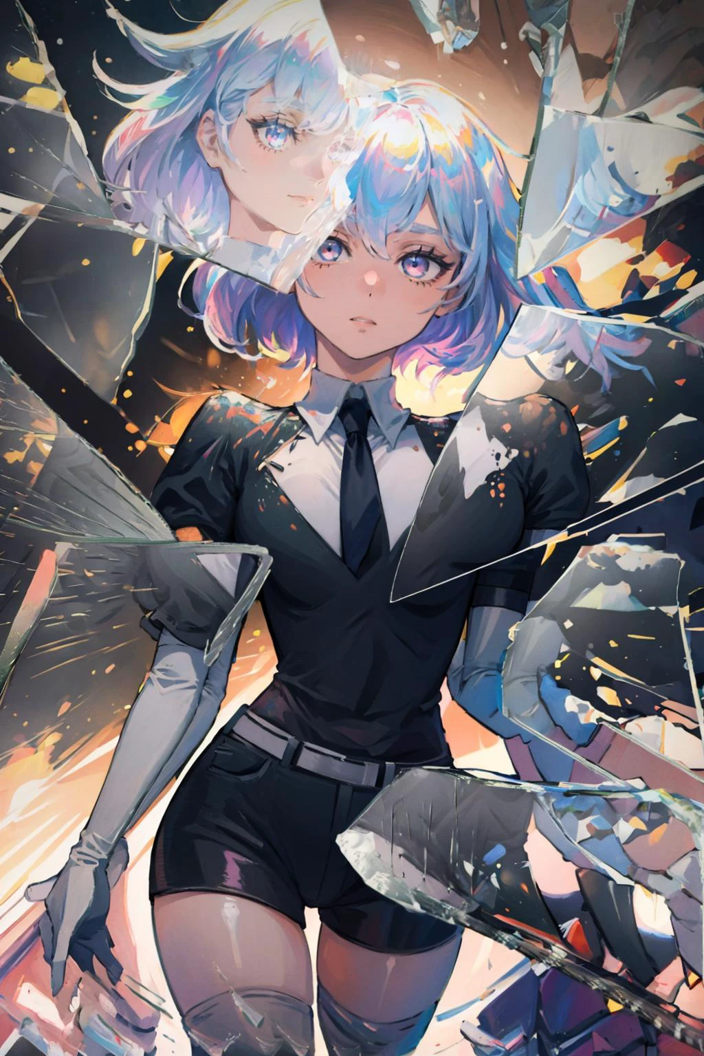 masterpiece, best quality, <lora:BrokenGlass:1> IncrsBrknGls, broken glass, reflection, <lora:diamond-nvwls-v1-final:0.8> diamond, multicolored hair, multicolored eyes, black shirt, elbow gloves, necktie, short shorts, belt, white thighhighs, cowboy shot