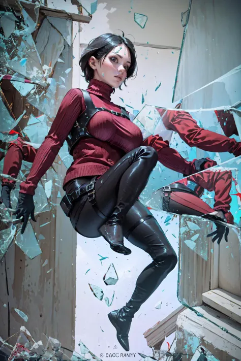 1girl, Parkour, broken glass, <lora:Pos_Parkour:0.8>, adasweater, red sweater, turtleneck, harness, pantyhose, black gloves, belt, large breasts, knees up, window, <lora:adawong-re-richy-v1:1>, IncrsBrknGls, reflection, <lora:Pos_BrokenGlass:0.8>, jumping, (black footwear), looking at viewer,
