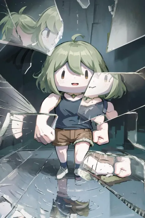 masterpiece, best quality, absurdres, 1girl, solo, green hair, medium hair, IncrsBrknGls, broken glass, reflection, chibi, mdyk, oversized forearms, muscular arms, sleeveless, shirt, shorts, <lora:BrokenGlass:0.9>, <lora:style_walfie-20:1.2>, <lora:mdyk-000071:0.9>
