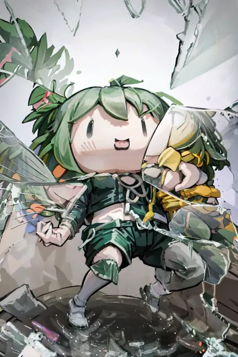 masterpiece, best quality, absurdres, 1girl, solo, green hair, medium hair, IncrsWryyyyy, wryyyyyyyyyyyyyyyyyyyy, (bended knees:0.75), IncrsBrknGls, broken glass, reflection, chibi, shirt, shorts, <lora:BrokenGlass:1.0>, <lora:style_walfie-20:1.2>, <lora:WryyyyyPose:1.0>