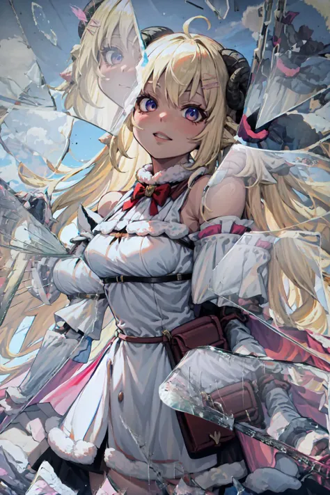 WatameBase, very long hair, ahoge, hairclip, fur-trimmed dress, bowtie, detached sleeves, pouch, cape, <lora:Char_VTuber_TsunomakiWatame:0.9>, IncrsBrknGls, broken glass, reflection, <lora:Pos_BrokenGlass:1>