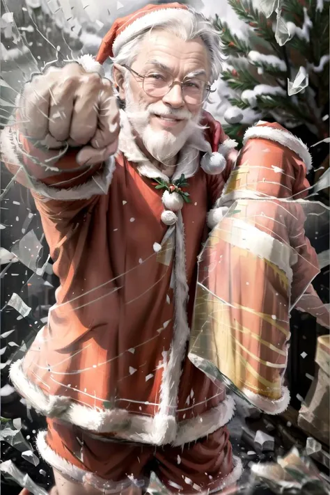 (masterpiece, best quality, ultra detailed), 1man, old man, Santa Claus, (santa claus clothes:1.3), (holding lots of gifts:1.2), IncomingPunch, <lora:IncomingPunch:0.7>, [IncrsBrknGls, (broken glass:1.2), reflection, <lora:BrokenGlass:0.75>:0.99], outdoor, snow, garden, motion blur, emphasis line, looking viewer,