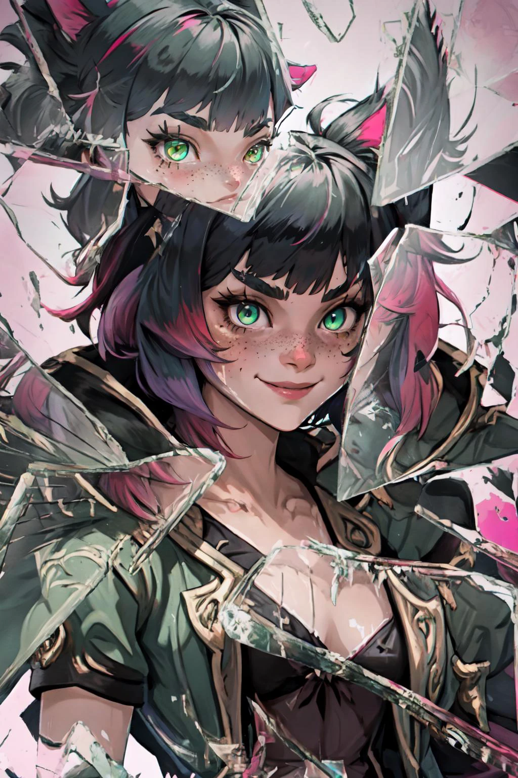 1girl, xivuraeuscoat, <lora:xivuraeuscoat_v10:1>, cat ears, side-swept bangs, black hair, pink IncursioDipDyedHair, messy mid ponytail, green eyes, thick eyebrows, freckles, smile, <lora:Pos_DipDyedHair:1>, IncrsBrknGls, broken glass, reflection, <lora:Pos_BrokenGlass:1>