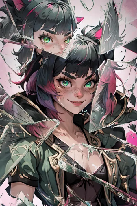 1girl, xivuraeuscoat, <lora:xivuraeuscoat_v10:1>, cat ears, side-swept bangs, black hair, pink IncursioDipDyedHair, messy mid ponytail, green eyes, thick eyebrows, freckles, smile, <lora:Pos_DipDyedHair:1>, IncrsBrknGls, broken glass, reflection, <lora:Pos_BrokenGlass:1>