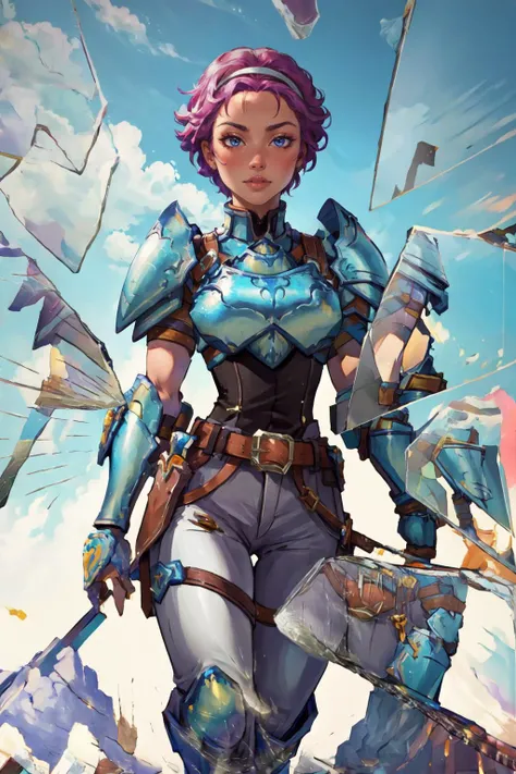 (masterpiece, best quality, absurdres, 4k, aesthetic, detailed, intricate),IncrsBrknGls,1girl,broken glass,reflection,fiona,short hair, forehead, armor, armored boots, belt, breastplate, white hairband, shoulder armor, white pants, white gloves, gauntlets, knee boots <lora:fionaV1:0.8> <lora:BrokenGlass:1.1>