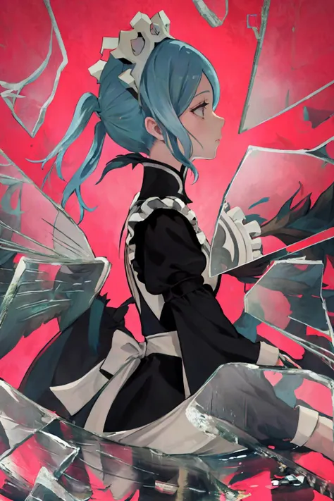 masterpiece, best quality, 1girl, solo, <lora:BrokenGlass:1> IncrsBrknGls, broken glass, reflection, <lora:flora-fe-richy-v1:1> floradef, maid, maid headdress, from side
