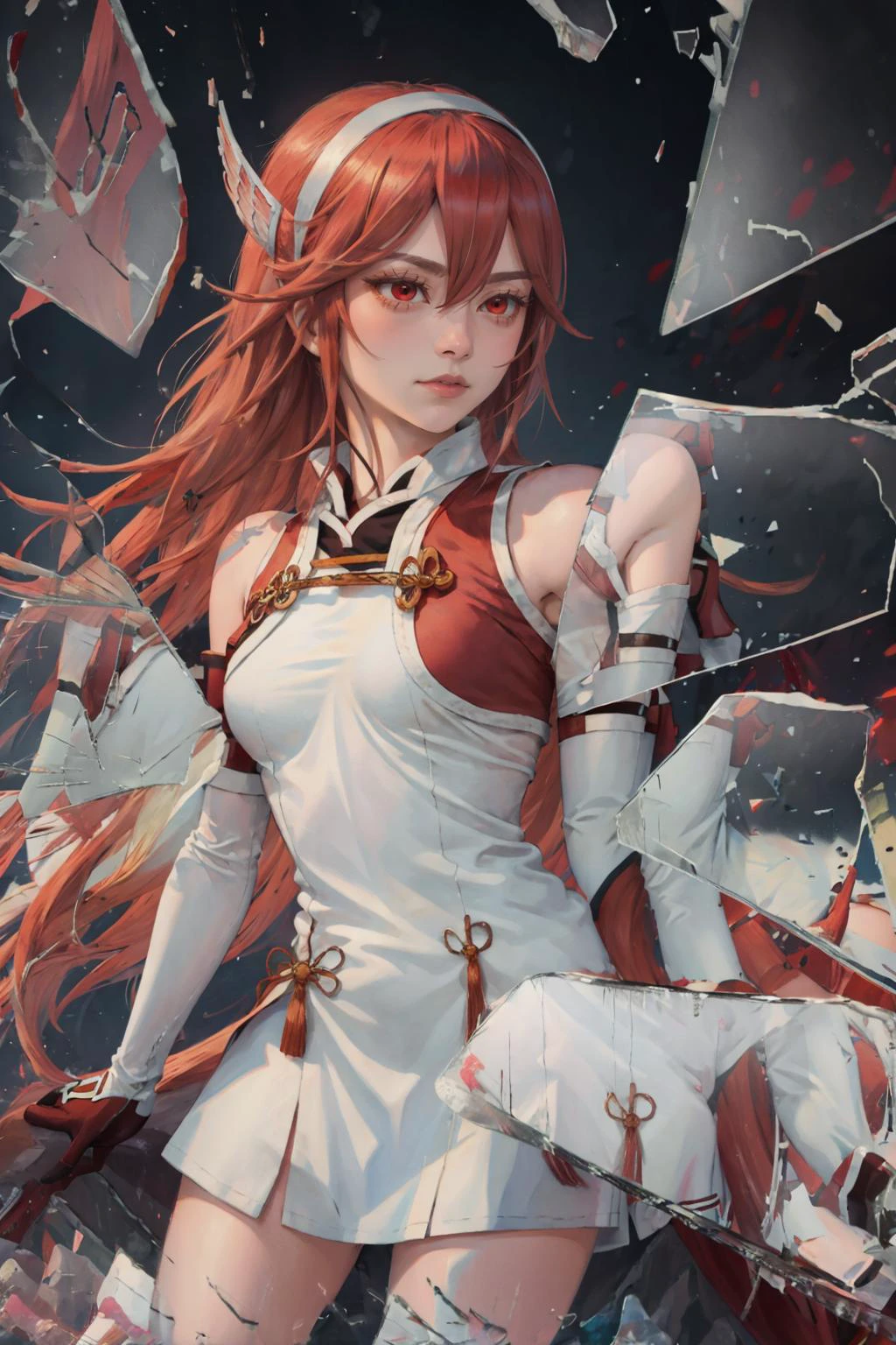 masterpiece, best quality, IncrsBrknGls, broken glass, reflection, <lora:BrokenGlass:.9>,<lora:ARWReiAyanami:0.85> <lora:caeldori-nvwls-v1:0.8> caeldori, hairband, hair ornament, short dress, shoulder armor, elbow gloves,